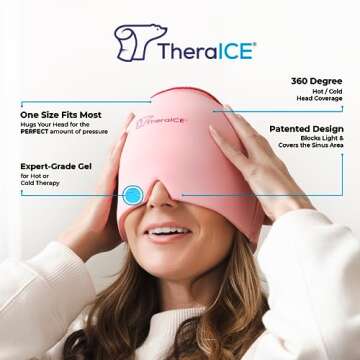 TheraICE Headache Relief Cap, Migraine Ice Pack Mask Products, Women Cooling Gel Hat, Face Cold Compress Head Wrap for Her Stress. Great Birthday Gift for Mom, Sister, Grandma, Girlfriend, & Teacher