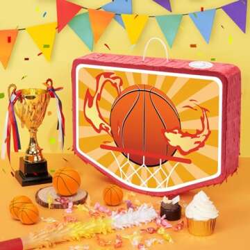 WERNNSAI Basketball Piñata - Basketball Party Supplies Piñata Bundle with Blindfold and Stick Sports Themed Party Supplies for Kids Carnival Events Basketball Party Decorations (15.8" x 11.8" x 3")