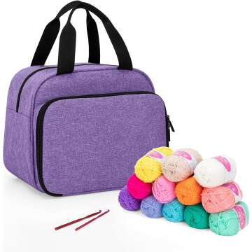 LoDrid Crochet Kit with 6 E-Books, Yarn Storage Bag with 12(50g) Colors Yarn & 2 Crochet Hooks, Portable Bag Organizer with Knitting Starter Set, Supplies Tools for Beginners, Kids & Adults, Purple