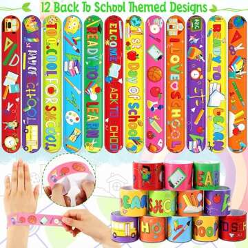 JUNEBRUSHS Back to School Slap Bracelets, 56 Pcs Welcome Back to School Gifts for Kids Students Party Favors Colorful Snap Bracelets Wristbands for First Day of School Party Supplies Decorations