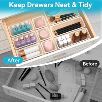 ElegantArray 12 PCS Drawer Organizer Set, 4 Sizes Makeup Vanity Organizer, Clear Plastic Organization and Storage Bins for Makeup, Stationeries, Multiple Gadgets for Kitchen, Bathroom, Office, Bedroom