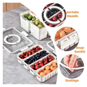 YFUIF 2 Pcs Portable Picnic Parties Fruit Tray, Fridge Food Veggie Condiment Divided Serving Preservation Storage Containers, Kitchen Clear Snackle Box Candy Organizer with Lid Handle