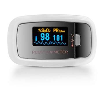 AccuMed CMS-50D1 Fingertip Pulse Oximeter Blood Oxygen Sensor SpO2 for Sports and Aviation. Portable and Lightweight with LED Display, 2 AAA Batteries, Lanyard and Travel Case (White)