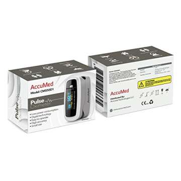 AccuMed CMS-50D1 Fingertip Pulse Oximeter Blood Oxygen Sensor SpO2 for Sports and Aviation. Portable and Lightweight with LED Display, 2 AAA Batteries, Lanyard and Travel Case (White)