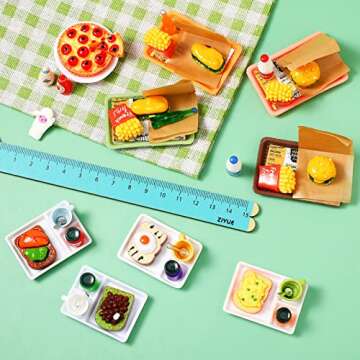 50 Pieces Dollhouse Miniature Fast Food Accessories Set Mixed Resin Food Drink Mini Hamburger Fries Juice Milk Bread Jam Cup Doll Kitchen Pretend Play Food for 1:12 Dollhouse and Cake Toppers Decor