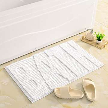 QJHOMO White Bathroom Rugs Chenille Bath Mats for Bathroom Non Slip Floor Mat, Thick Soft Shaggy Bath Rug, Super Absorbent Bathmat Quick Dry, Machine Washable Microfiber Rugs for Shower, 16 x 24 Inch