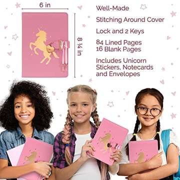 Pink Unicorn Diary for Girls - Cute Journal for Writing & Drawing - Composition Notebook for Girls - Unicorn Fun! (Pink Unicorn Diary with Lock & Key + Matching Envelopes Notecards and Stickers)