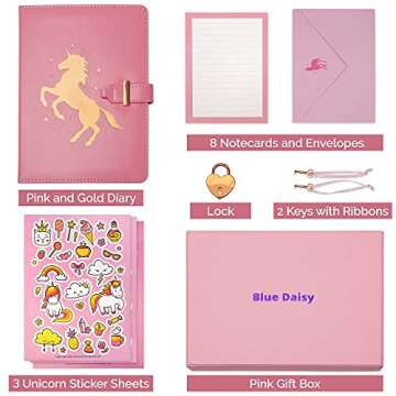 Pink Unicorn Diary for Girls - Cute Journal for Writing & Drawing - Composition Notebook for Girls - Unicorn Fun! (Pink Unicorn Diary with Lock & Key + Matching Envelopes Notecards and Stickers)