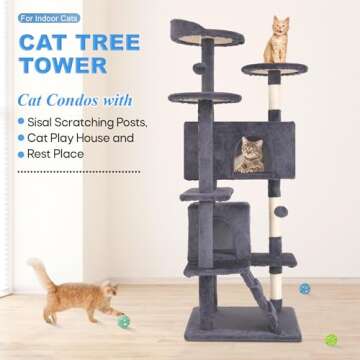 FDW Cat Tree 54in Cat Tower Multi-Level Durable Cat Scratching Post & Cozy Fun Cat Jumping Platform Space Saving Cat Condo Pet Play House for Indoor Cats,Ashy