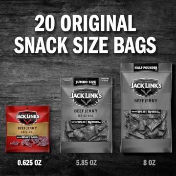 Jack Link's Beef Jerky, Original, Multipack Bags – Flavorful Meat Snacks for Lunches, Ready to Eat, Individual Packs - 7g of Protein, Made with 100% Beef – 0.625 oz (Pack of 20)