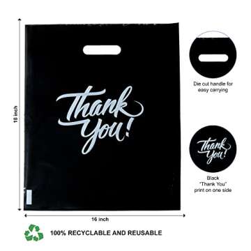 Infinite Pack Black 9"x12"(100pcs) Thank You Merchandise Bags, Die Cut Handles, Retail Shopping Bags for Boutique, Goodie Bags, Gift Bags Bulk, Favors, 1.25 Mil Reusable Plastic Bags