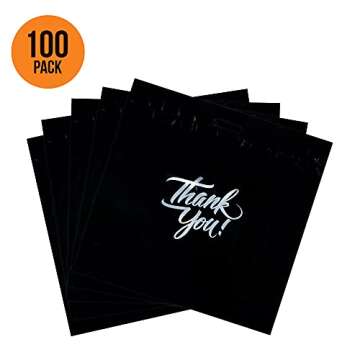 Infinite Pack Black 9"x12"(100pcs) Thank You Merchandise Bags, Die Cut Handles, Retail Shopping Bags for Boutique, Goodie Bags, Gift Bags Bulk, Favors, 1.25 Mil Reusable Plastic Bags