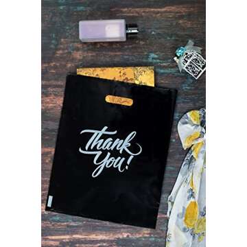 Infinite Pack Black 9"x12"(100pcs) Thank You Merchandise Bags, Die Cut Handles, Retail Shopping Bags for Boutique, Goodie Bags, Gift Bags Bulk, Favors, 1.25 Mil Reusable Plastic Bags