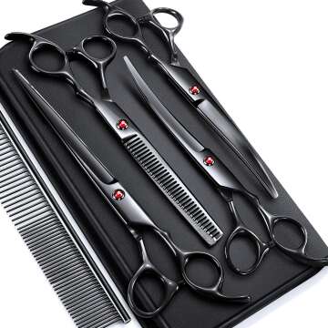 Gimars 7.0in Stainless Steel 6 in 1 Professional Dog Grooming Scissors Kit, Heavy 4CR Titanium Coated Straight & Thinning & Curved Shears & Comb Set for Dog & Cat Grooming