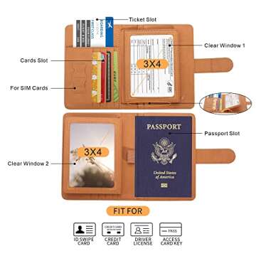 Deziliao Passport and Vaccine Card Holder Combo, PU Leather Passport Holder with Vaccine Card Slot, Passport Wallet for Men and Women (Brown-fly)