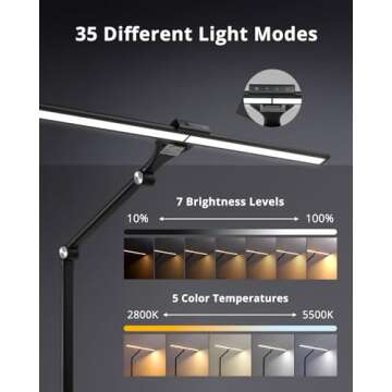 ilumeplay LED Desk Lamps for Home Office 24W Double Head with USB Charging Port and Plug,Modern Architect Table Light with Clamp 5CCT Color Changing Dimmable for Reading Study 31.5Inch Balck