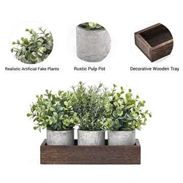 Dahey 3 Pack Mini Potted Artificial Eucalyptus Fake Plants with Wood Tray Centerpiece Table Decorations, Farmhouse Pulp Flower Pots Greenery Home Decor for Coffee Table Dining Room Office Kitchen