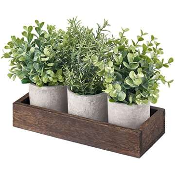 Dahey 3 Pack Mini Potted Artificial Eucalyptus Fake Plants with Wood Tray Centerpiece Table Decorations, Farmhouse Pulp Flower Pots Greenery Home Decor for Coffee Table Dining Room Office Kitchen