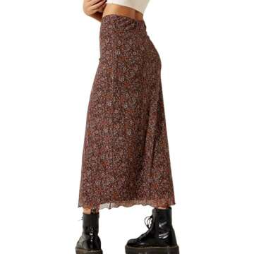 Avanova Women Brown Floral Boho High Waist Midi Skirt - Summer A-Line Style