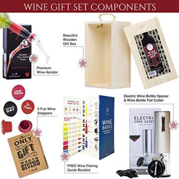 Wine Gifts Set – Wine Accessories Set w/Wooden Box- Wine Gift Set includes Rechargeable Wine Opener Set, Wine Aerator, Wine Stoppers & Pairing Guide- Wine Basket Gift - Wine Gifts for Women and Men