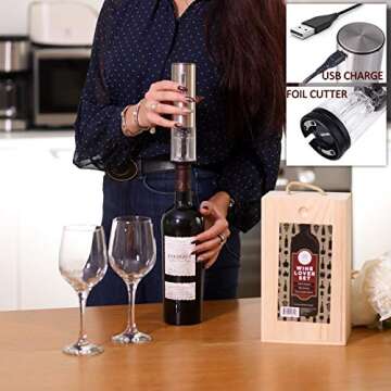 Wine Gifts Set – Wine Accessories Set w/Wooden Box- Wine Gift Set includes Rechargeable Wine Opener Set, Wine Aerator, Wine Stoppers & Pairing Guide- Wine Basket Gift - Wine Gifts for Women and Men