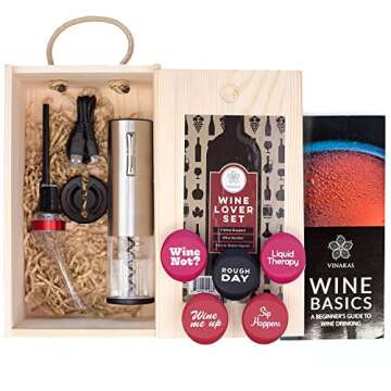 Wine Gifts Set – Wine Accessories Set w/Wooden Box- Wine Gift Set includes Rechargeable Wine Opener Set, Wine Aerator, Wine Stoppers & Pairing Guide- Wine Basket Gift - Wine Gifts for Women and Men