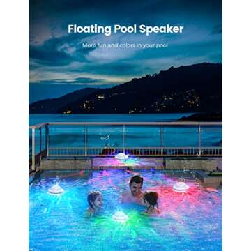 Floating Pool Speakers with Colorful LED Lights, IPX7 Waterproof Hot Tub Bluetooth Speaker, 10W Stereo Loud Sound, Built-in Mic, Portable Wireless Speakers for Shower Bathtub Beach Outdoor Swim-White