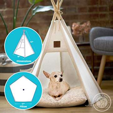 Pickle & Polly - Small to Medium Dog Teepee/Tent for Cats - Stylish, Soft, Cozy Bed w/Thick Plush Pad, Durable Fabric & Machine Washable (White)