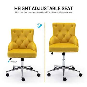 Irene House Modern Mid-Back Tufted Velvet Fabric Computer Desk Chair Swivel Adjustable Accent Home Office Task Chair Executive Chair with Soft Seat (Bright Yellow)