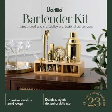 Barillio Gold Bartender Kit - Stainless-Steel Cocktail Shaker Set w/Bamboo Stand - Mixology Bar Tools w/Drink Shaker, Mixer Spoon and Muddler for Cocktails - Home Bar Accessories - 23-Pc Bar Set