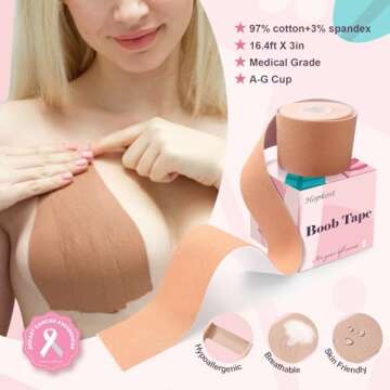 Hopkost Boob Tape Breast Lift Tape for Large Breasts with 2 Pcs Nipple Covers Invisible Boobtape for A-G Cup(Beige,2 inch)