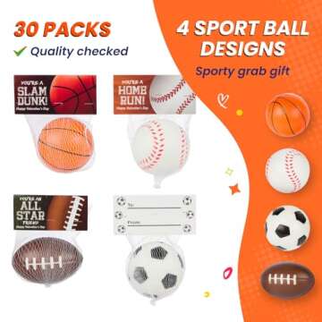 Funeta 30 Sports Stress Balls - Football, Soccer, Baseball, and Basketball - Valentine's Day Cards for Kids' School Classroom - Valentine's Day Gifts for Kids Class Exchange