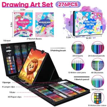 COLOMERA ARTS Art Supplies Kit, 276 PCS Art Set for Kids, Art Kits, Art Drawing Kit with Double Sided Trifold Easel Box with Oil Pastels, Crayons, Colored Pencils, Paint Brush, Watercolor Cakes