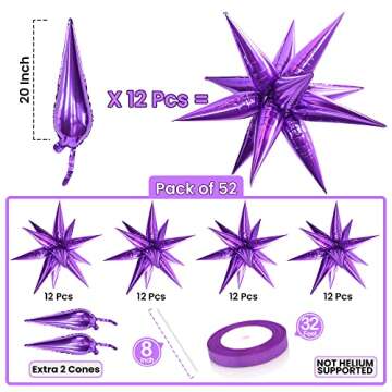 KatchOn, Big Purple Star Balloons - 20 Inch, Pack of 50 | Purple Star Cone Foil Balloons for Galaxy Party Decorations | Purple Starburst Balloon | Purple Spike Balloons for Purple Party Decorations