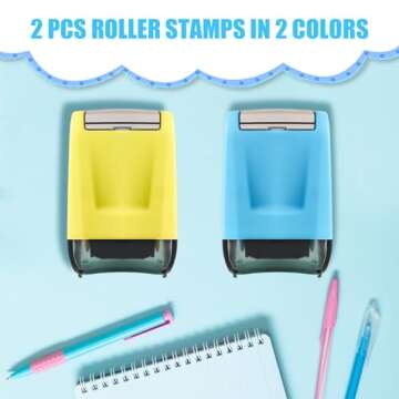 2PCS Dashed Handwriting Lines Practice Roller Stamp, Self Inking Line Rolling Stamps, Sentence Strips Handwriting Practice for Teachers Kids Adults for Classroom Office(Blue&Yellow)