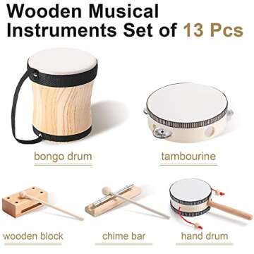 Chumia Kids Musical Instruments Set Wooden Percussion Instruments Preschool Educational Early Learning Music Toys Set for Little Boys and Girls Toddler Children Gifts (Drum,13 Pcs)