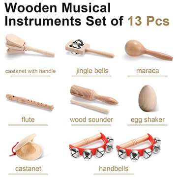 Chumia Kids Musical Instruments Set Wooden Percussion Instruments Preschool Educational Early Learning Music Toys Set for Little Boys and Girls Toddler Children Gifts (Drum,13 Pcs)