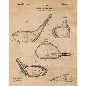 Vintage Golfing Patent Prints, 6 (8x10) Unframed Photos, Wall Art Decor Gifts for Home Golf Office Tools Gears Garage Shop School Gym College Student Teacher Team Coach Caddie Putt Championship Fans