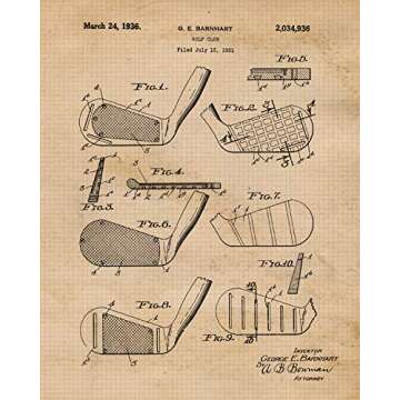 Vintage Golfing Patent Prints, 6 (8x10) Unframed Photos, Wall Art Decor Gifts for Home Golf Office Tools Gears Garage Shop School Gym College Student Teacher Team Coach Caddie Putt Championship Fans