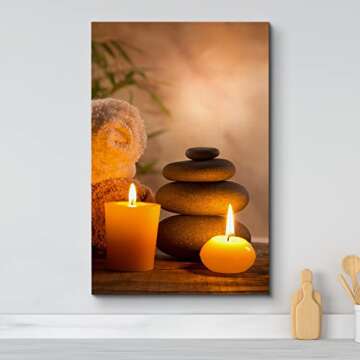 wall26 Canvas Print Wall Art Massage Stones with Atmospheric Candles Floral Nature Photography Realism Zen Scenic Relax/Calm Multicolor for Living Room, Bedroom, Bathroom, Office - 12"x18"