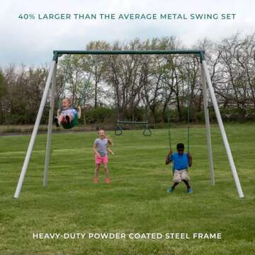 Backyard Discover Big Brutus Metal Swing Set, 10 Ft Tall, 2 Belt Swings, Trapeze Bar, Heavy Duty, Thick, Powder Coated Steel, Weather Resistant, Easy to Assemble