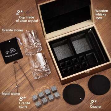 Whiskey Glass Gift Set with Granite Stones & Tongs