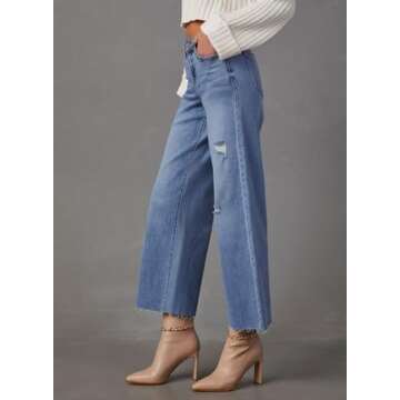 Dokotoo Wide Leg Pants Womens Jeans Pants High Waisted Baggy Capri Jeans Boyfriend Straight Jeans Linen Trendy Pants Summer Petite 2024 Outfits Fashion Clothes Casual Pocket Blue