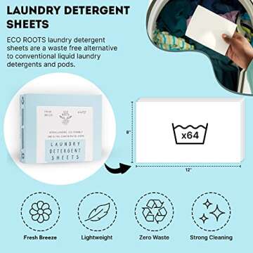 ECO ROOTS Laundry Detergent Sheets 64 loads | ECO FRIENDLY Natural Fresh Breeze Scent Washer Sheet, Liquidless Travel Size Laundry Strips Detergent, Zero Waste Sheets Plastic Free Sustainable Products