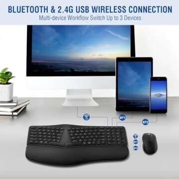 MK960 Ergonomic Wireless Keyboard Mouse Combo, Bluetooth/2.4G Split Design Keyboard with Palm Rest and 4 Level DPI Adjustable Wireless Mouse Multi-Device, Rechargeable, for Windows/Mac/Android