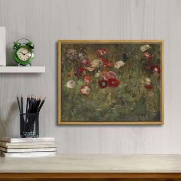 Pyradecor Vintage Wall Art Retro Framed Home Decor Living Room Decor A Bed of Poppies Canvas Prints Classical Floral Painting for Living Room Bedroom Office Decorations