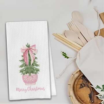 Chinoiserie Christmas Kitchen Towels, Coquette Pink Bow Procelain Christmas Tree Hand Towels for Bathroom, Preppy Christmas Decor Dish Towels Tea Towels, Grandmillennial Home Decor, 16x24 Inches