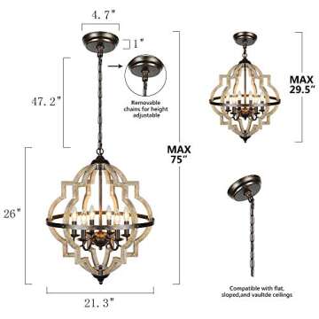 Derksic Orb 6-Light Farmhouse Chandelier Stardust Finish Rustic Vintage Wood Chandelier Brown Chandeliers for Kitchen Island Living Room Dining Room Foyer, Dia 21.3"