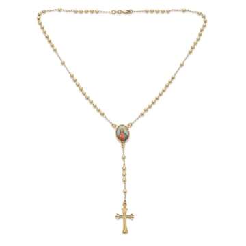 Bling Jewelry Catholic Christian Prayer Rosario Beads Scared Heart of Jesus Cross Catholic Rosary Beads Necklace for Women Teen 18K Gold Plated Brass