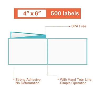 NATURALABEL 500 Labels 4" x 6" Direct Thermal Labels, Fanfold Shipping Labels with Perforated Line